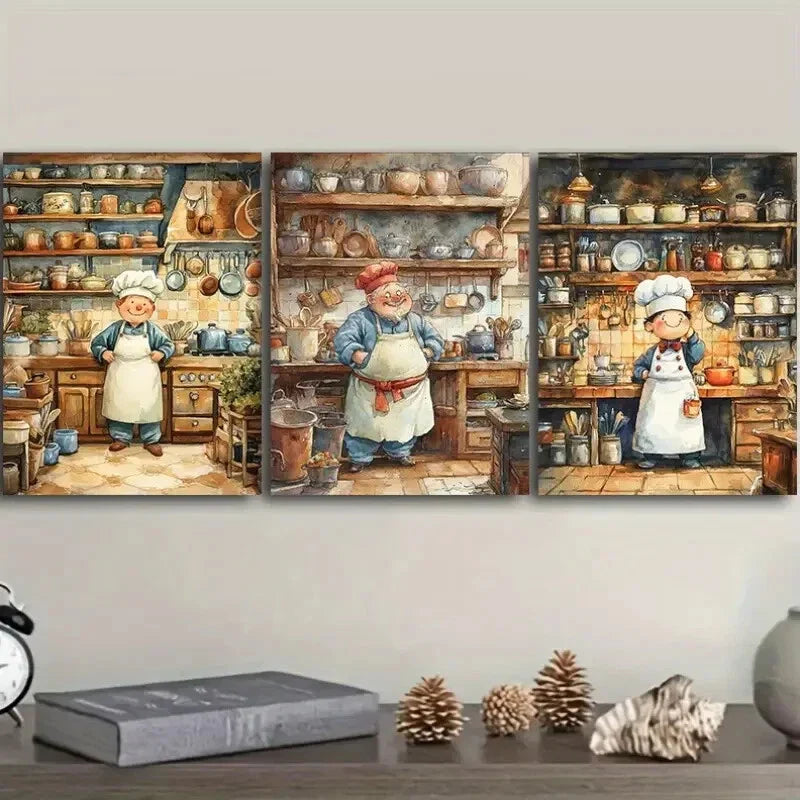 3pcs The whimsical chef Wall Art Set Canvas Framed 40x60cm - High Quality Print 100% Australian Made Wall Canvas Ready to Hang