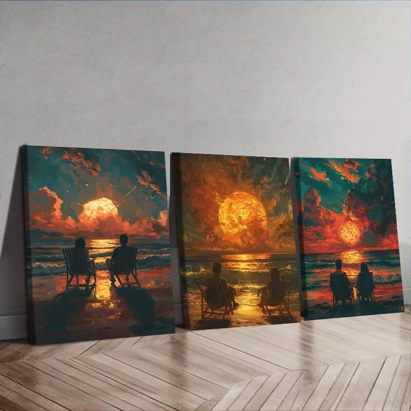 3pcs Romantic Couple Beach Sunset Painting Wall Art Set Canvas Framed 40x60cm - High Quality Print 100% Australian Made Wall Canvas Ready to Hang