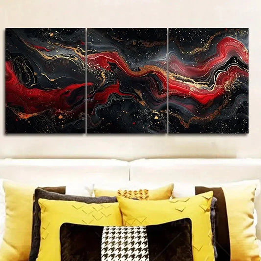 3pcs Luxurious Black And Red Ink Wall Art Metal Print Ready to Hang Art