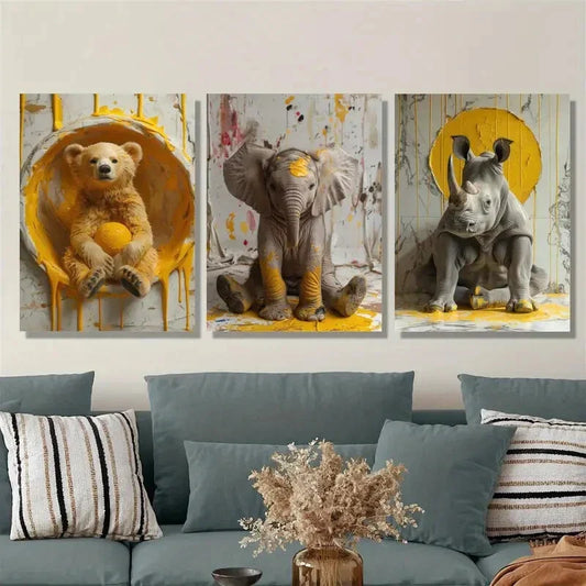 3pcs cute animals bear elephant rhino, Metal Print Ready to Hang Art