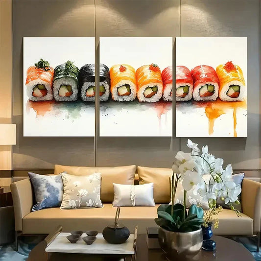 3pcs Vibrant Watercolor Sushi Metal Print Ready to Hang Art