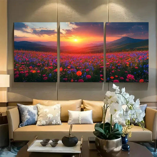3pcs Wildflower Fields And Rolling Hills Sunset Metal Print Ready to Hang Art