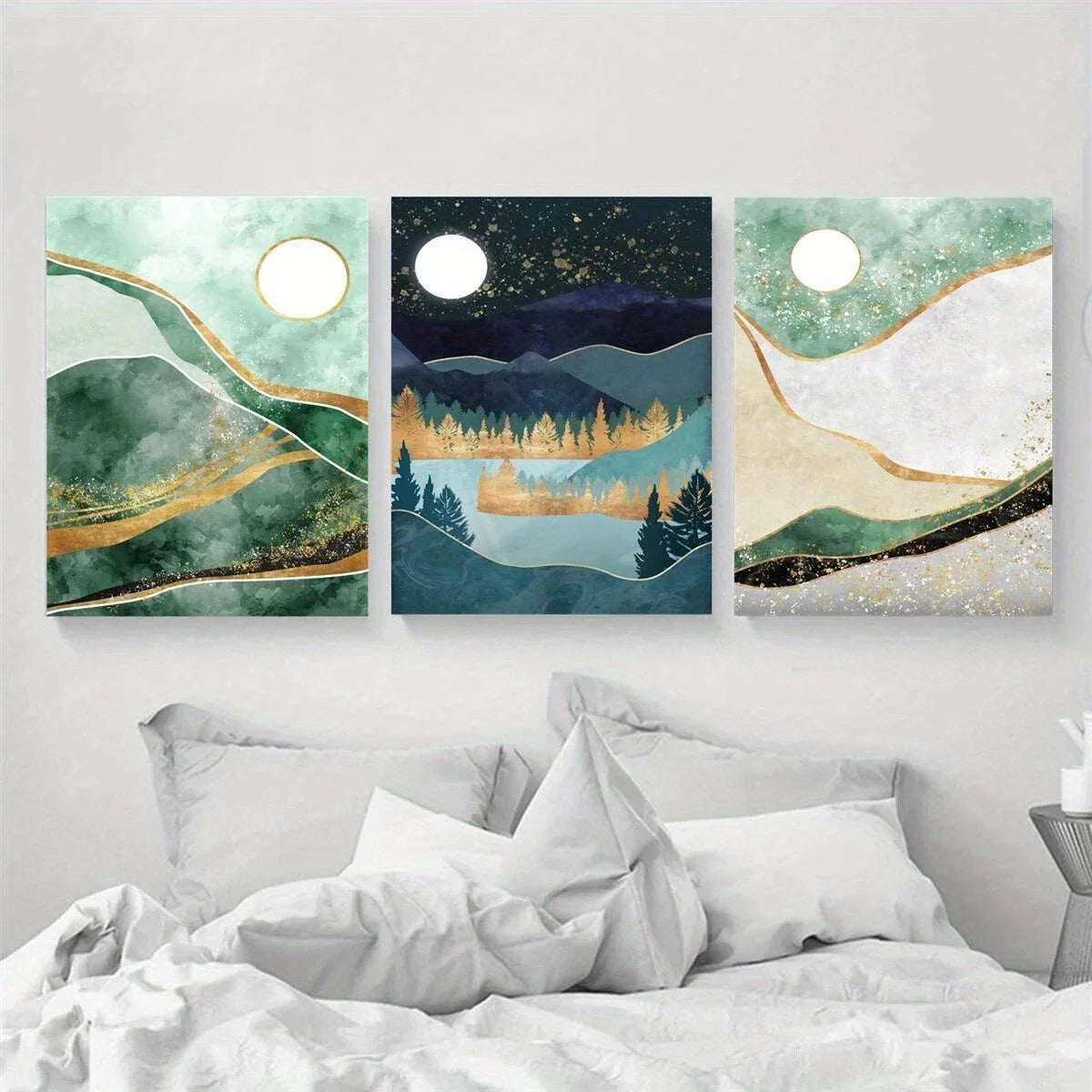 3pcs Golden Adorned Mountain Mist Metal Print Ready to Hang Art
