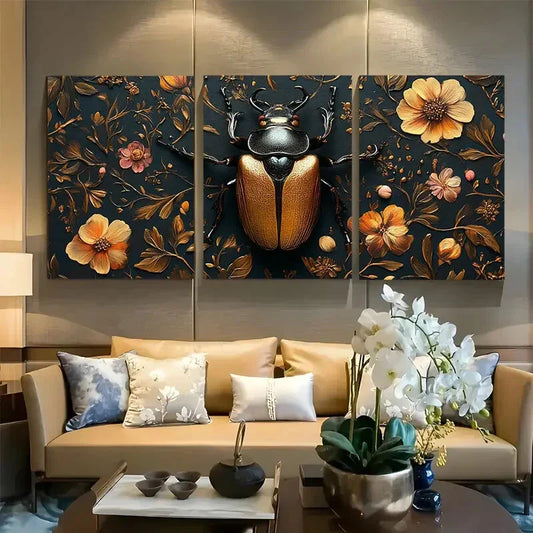 3pcs Ornate Beetle Floral Botanical Insect Metal Print Ready to Hang Art