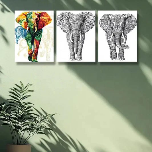 3pcs Stylized elephant Art Painting Metal Print Ready to Hang Art