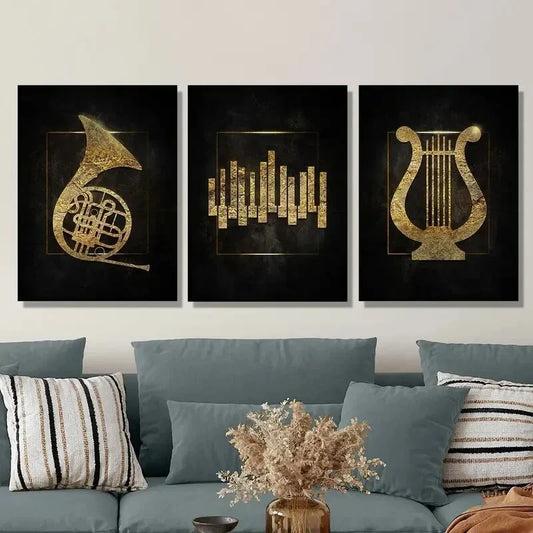 3pcs Golden musical instrument Metal Print Ready to Hang Art