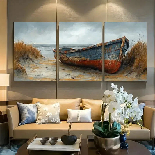 3pcs Nautical Rustic Boat on Beach Metal Print Ready to Hang Art