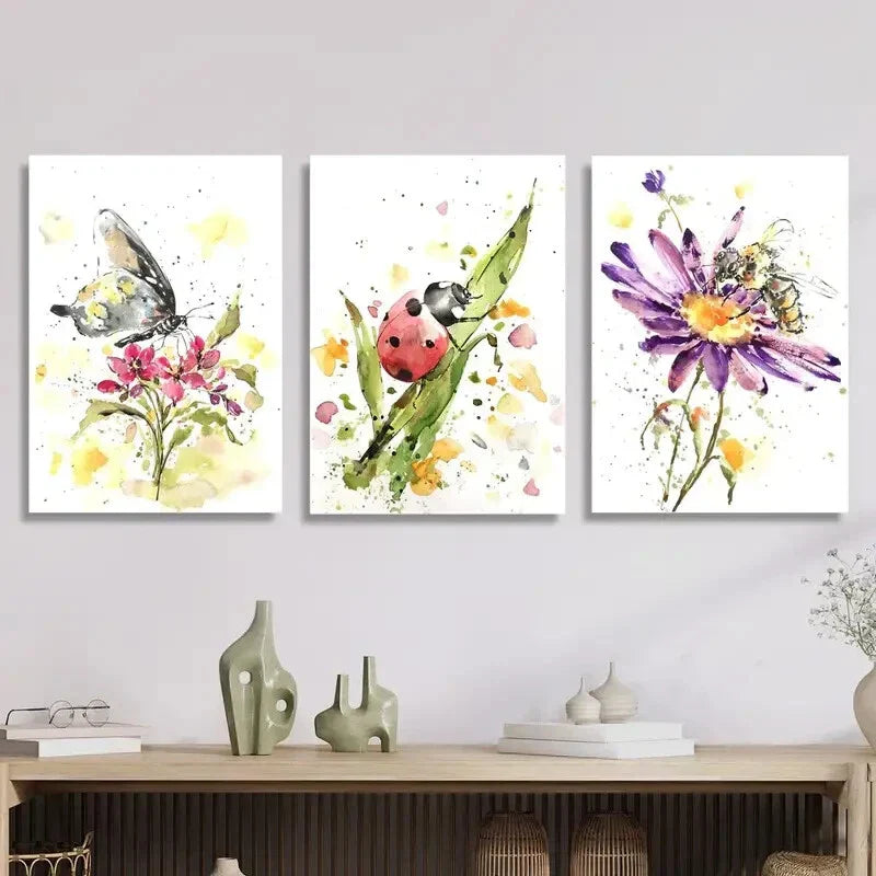 3pcs Butterfly, Ladybug & Bee Flowers & Insects Metal Print Ready to Hang Art