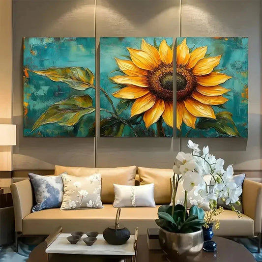 3pcs Vibrant Yellow Sunflower with Teal Background Metal Print Ready to Hang Art