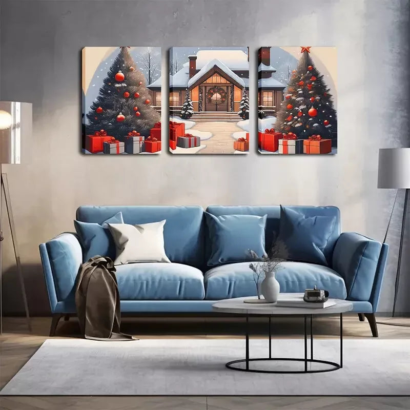3pcs Snowy Day, Christmas, Christmas Tree Wall Art Set Canvas Framed 40x60cm - High Quality Print 100% Australian Made Wall Canvas Ready to Hang