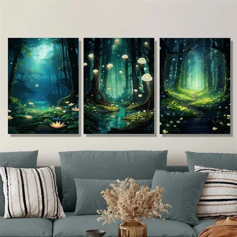 3pcs Fantasy landscape of a stream in the moon Metal Print Ready to Hang Art