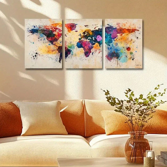 3pcs Watercolor World Map Design Metal Print Ready to Hang Art