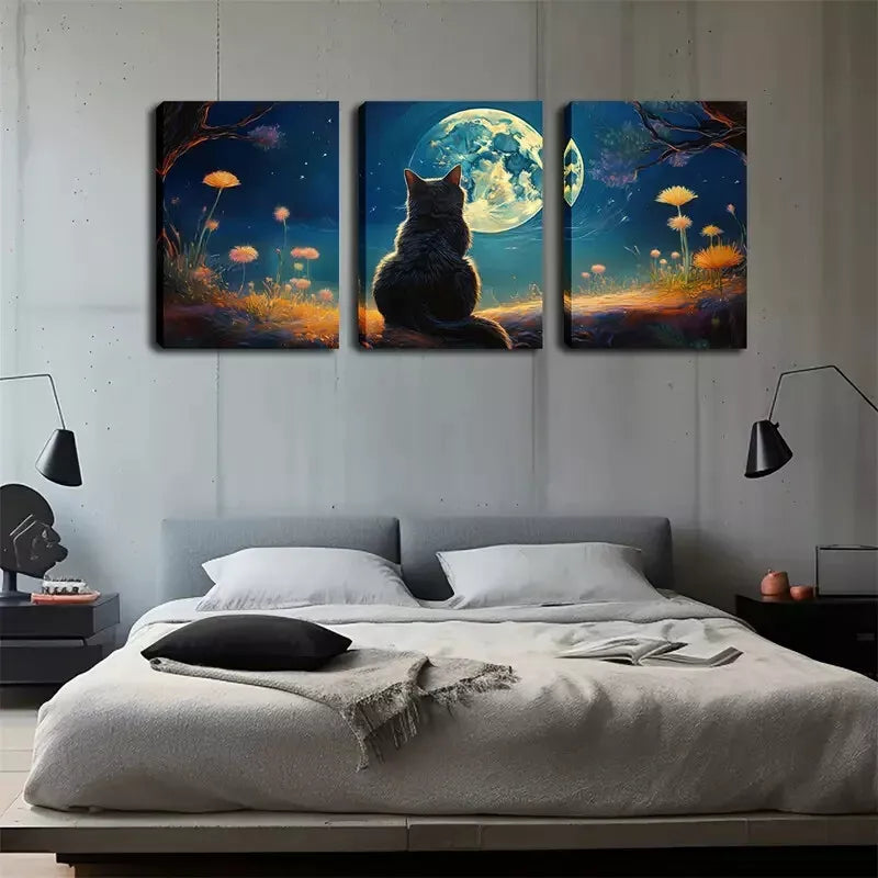 3pcs Lucky Cat Gazing at the Moon, Wall Art Set Canvas Framed 40x60cm - High Quality Print 100% Australian Made Wall Canvas Ready to Hang