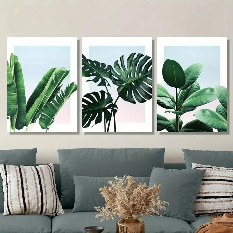 3pcs Green Leaves Plant Art Poster, Tropical Metal Print Ready to Hang Art
