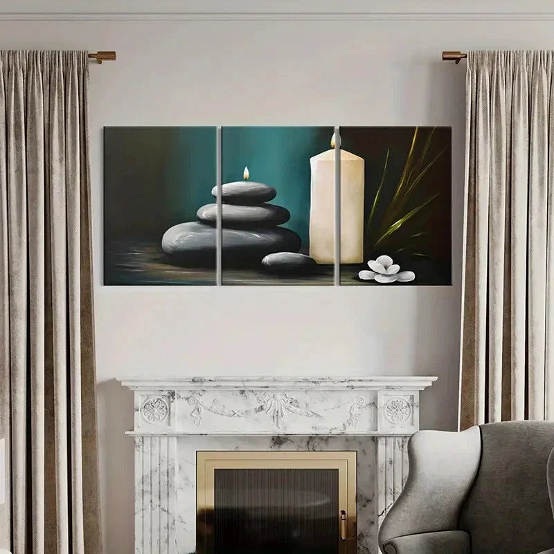 3pcs Serene Candle Stones Floral Metal Print Ready to Hang Art