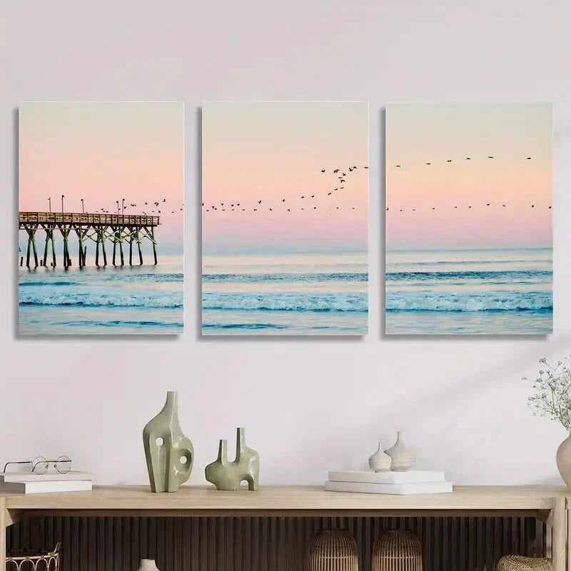 3pcs ocean sunset, coastal beach painting, Metal Print Ready to Hang Art