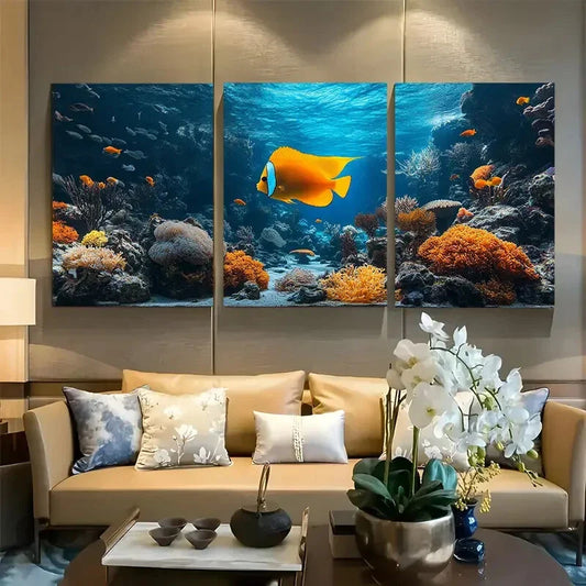 3pcs Ocean with Yellow Fish and Corals Design Metal Print Ready to Hang Art