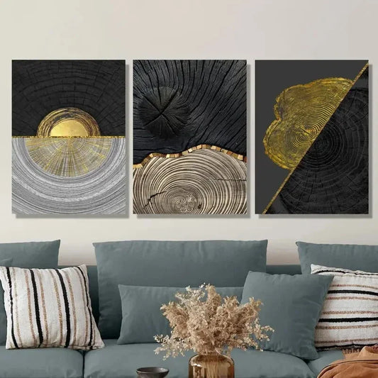 3pcs Luxury Golden Foil, Modern Nordic Black Metal Print Ready to Hang Art