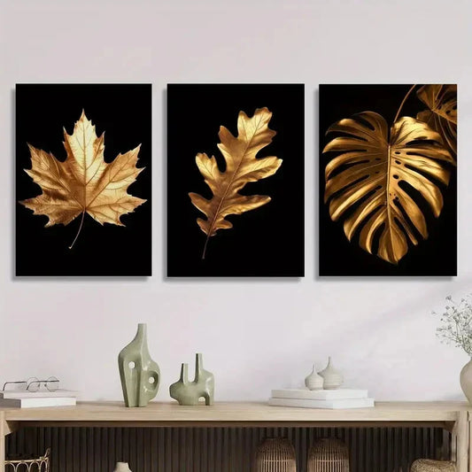 3pcs Golden Leaves Art Deco Classic Metal Print Ready to Hang Art