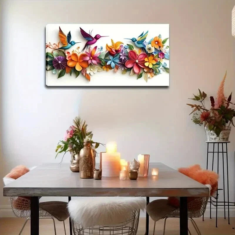Hummingbirds Floral Surround Wall Art Canvas Office Home Room Framed 120x60cm