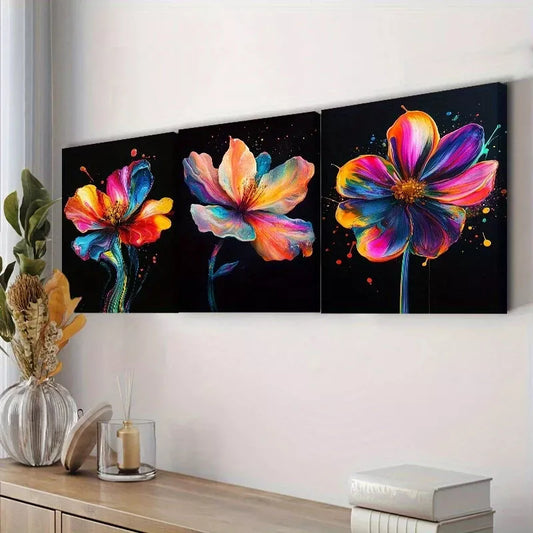 3pcs A Colorful Flower Black Background Wall Art Set Canvas Framed 40x60cm - High Quality Print 100% Australian Made Wall Canvas Ready to Hang