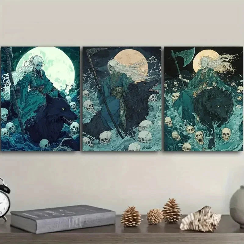 3pcs Gothic Fantasy Art with Moonlit Wolves Wall Art Set Canvas Framed 40x60cm - High Quality Print 100% Australian Made Wall Canvas Ready to Hang