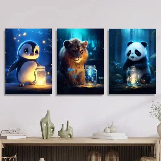 3pcs Enchanted Forest Creatures with Luminous Ink Metal Print Ready to Hang Art