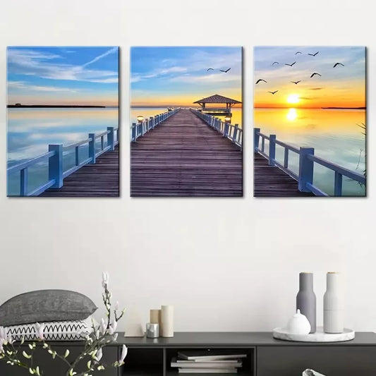 3pcs Natural Pine Wood Pier Sea view Painting Wall Art Set Canvas Framed 40x60cm - High Quality Print 100% Australian Made Wall Canvas Ready to Hang