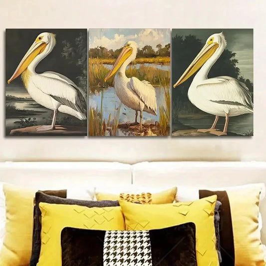 3pcs Painting A White Pelican In A Swamp Metal Print Ready to Hang Art