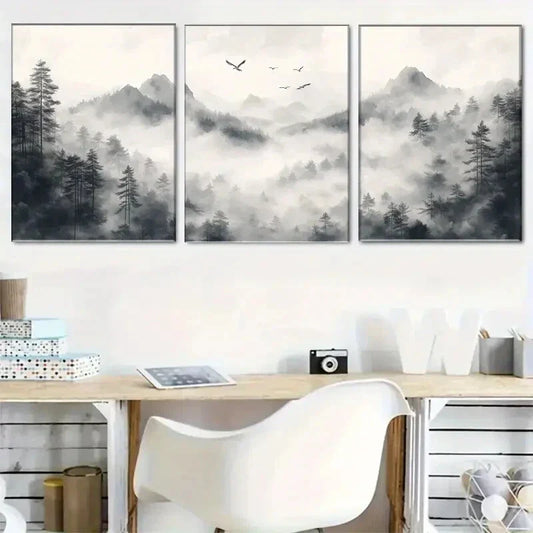 3pcs Monochrome Mountain - Forest Misty Landscape Metal Print Ready to Hang Art