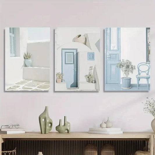 3pcs Santorini Island Blue Doors & Porches Metal Print Ready to Hang Art