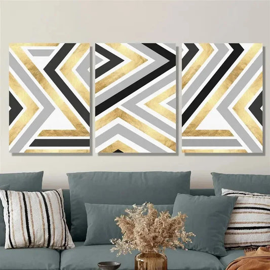 3pcs ,Golden artistic lines, golden black gray Metal Print Ready to Hang Art