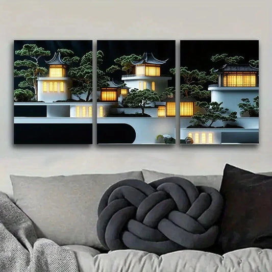 3pcs Ancient architecture Art Painting Metal Print Ready to Hang Art
