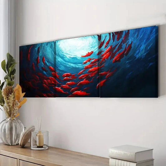 3pcs Colorful Red Fish Spiraling in the Perfect Wall Art Set Canvas Framed 40x60cm - High Quality Print 100% Australian Made Wall Canvas Ready to Hang