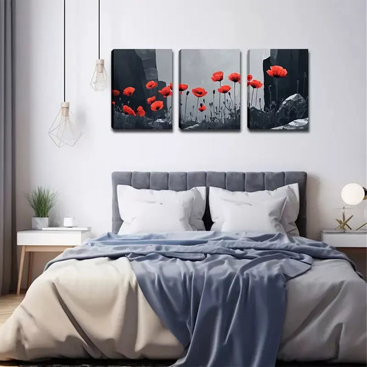 3pcs Red Poppy Triptych Wall Art Set Canvas Framed 40x60cm - High Quality Print 100% Australian Made Wall Canvas Ready to Hang