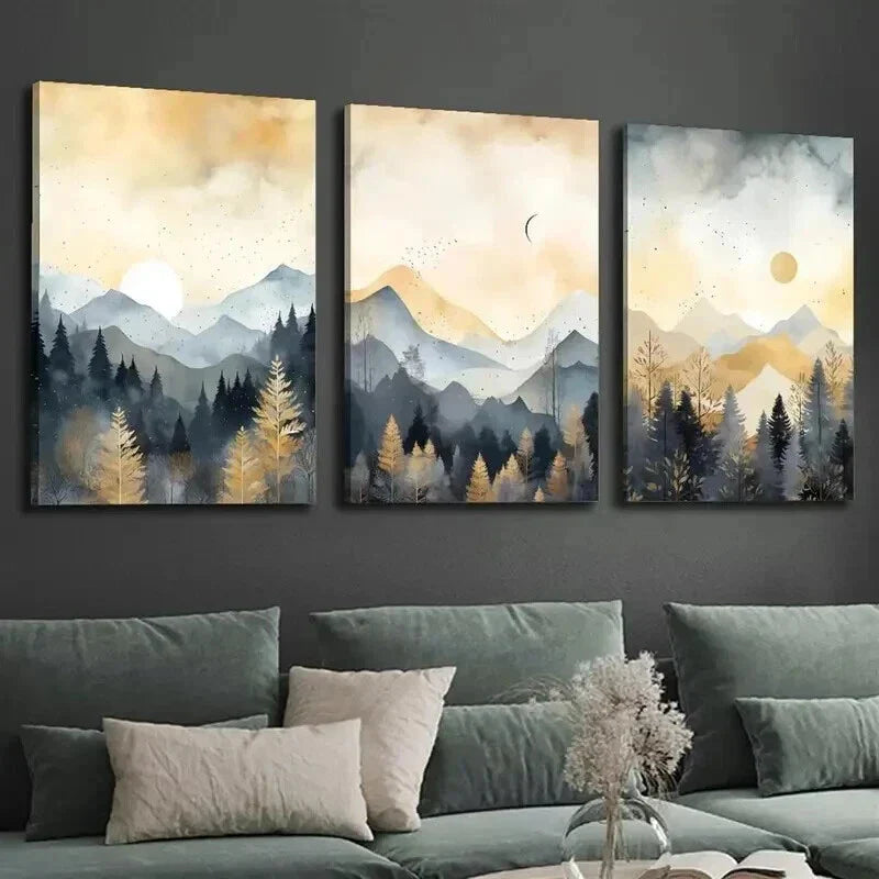 3pcs Misty Pine Forests Sunset & Moonlit Wall Art Set Canvas Framed 40x60cm - High Quality Print 100% Australian Made Wall Canvas Ready to Hang