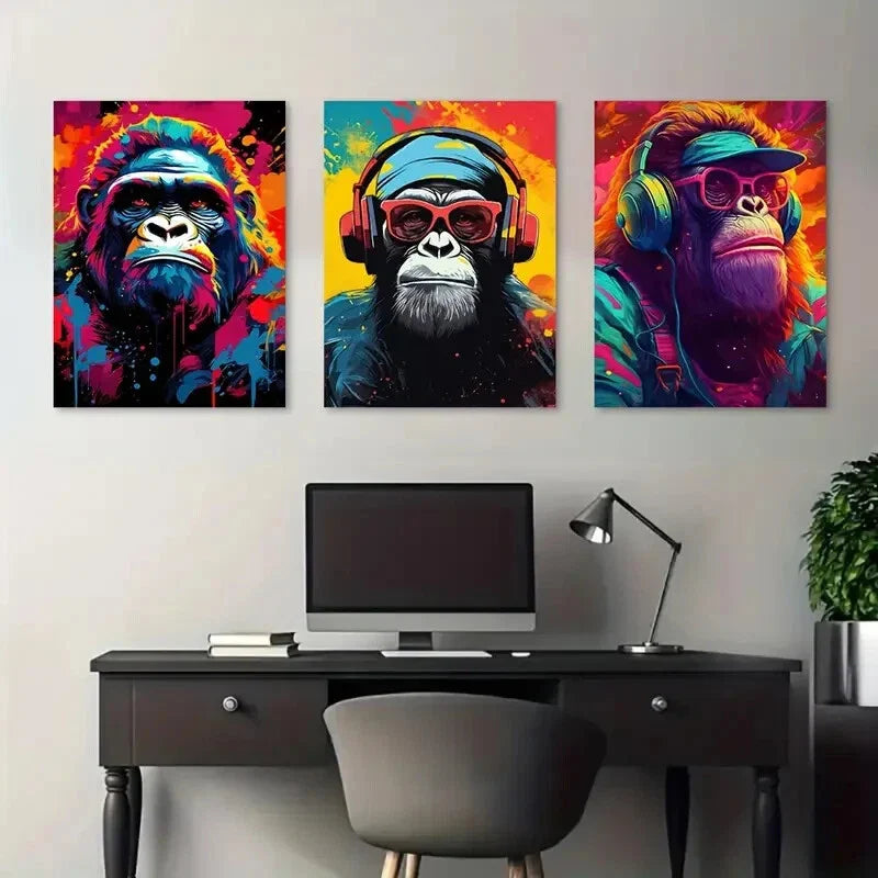 3pcs Funny & Stylish Monkey with Headphones Metal Print Ready to Hang Art