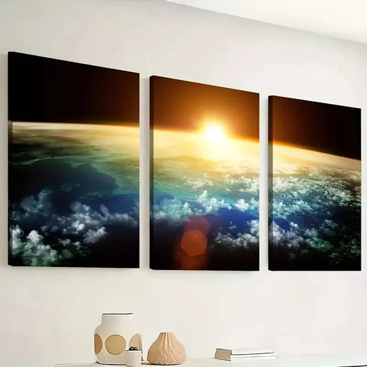 3pcs Space sunrise scenery - earth paintings Wall Art Set Canvas Framed 40x60cm - High Quality Print 100% Australian Made Wall Canvas Ready to Hang