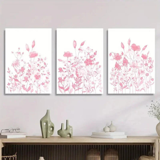 3pcs Pink wildflowers watercolor painting Metal Print Ready to Hang Art