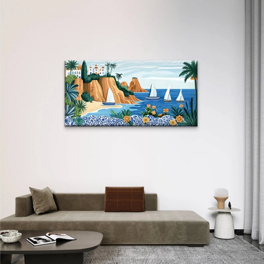 Beach Scene Palm Trees Boats Wall Art Canvas Office Home Room Framed 80x45cm