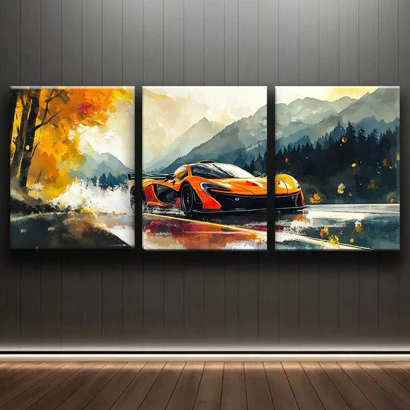 3pcs Orange, Black Hypercar Design Metal Print Ready to Hang Art