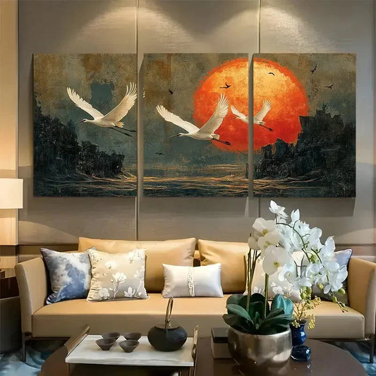 3pcs Graceful White Cranes in Flight Against Sun Metal Print Ready to Hang Art