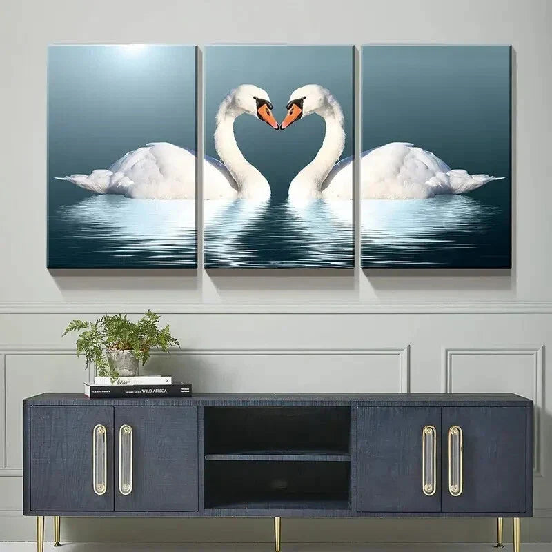 3pcs Romantic Heart-Shaped Swans Metal Print Ready to Hang Art