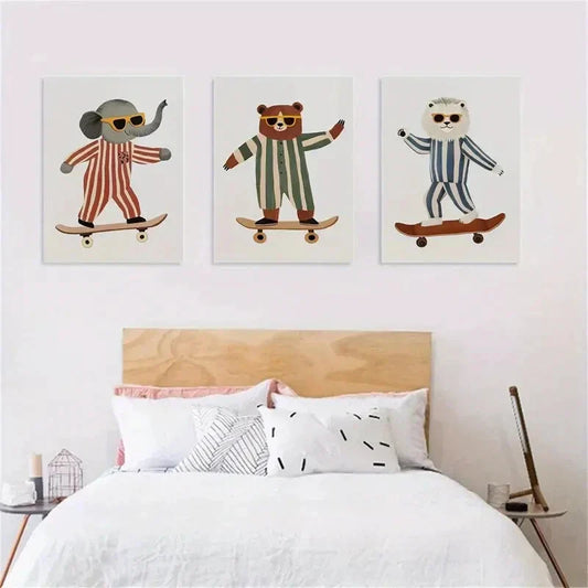 3pcs Whimsical Elephant, Lion & Bear Riding Waves Metal Print Ready to Hang Art