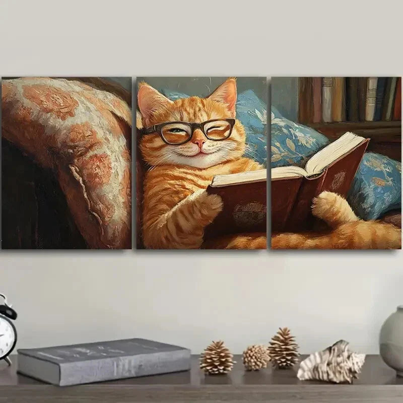 3pcs A cat reading on the couch Wall Art Set Canvas Framed 40x60cm - High Quality Print 100% Australian Made Wall Canvas Ready to Hang