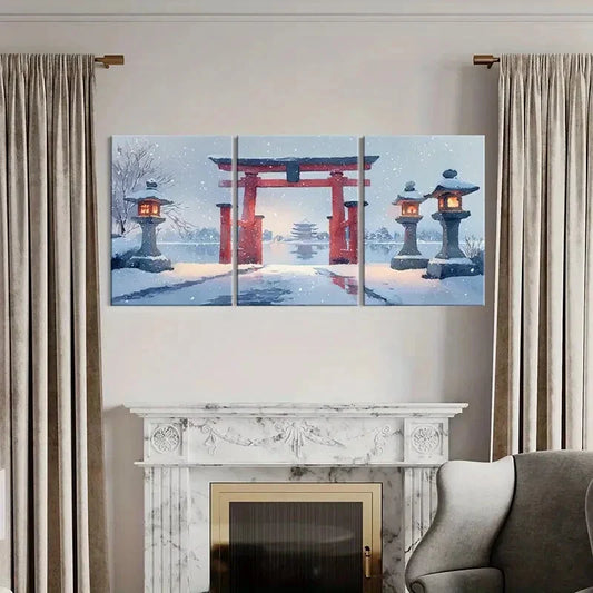 3pcs Winter Wonderland Japanese Torii Gate Metal Print Ready to Hang Art