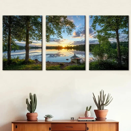 3pcs Lake Scenery Sunset Forest Painting Metal Print Ready to Hang Art