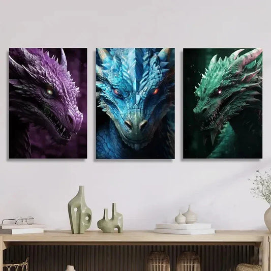 3pcs Vibrant Dragon Portraits in Purple, Blue Metal Print Ready to Hang Art