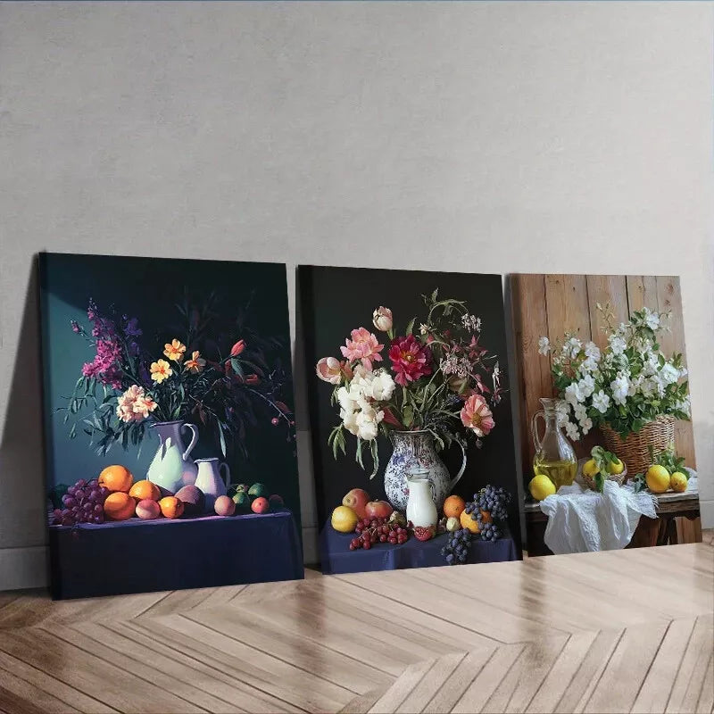 3pcs Fruit, Flowers, Jug Prints, Art Deco Wall Art Set Canvas Framed 40x60cm - High Quality Print 100% Australian Made Wall Canvas Ready to Hang
