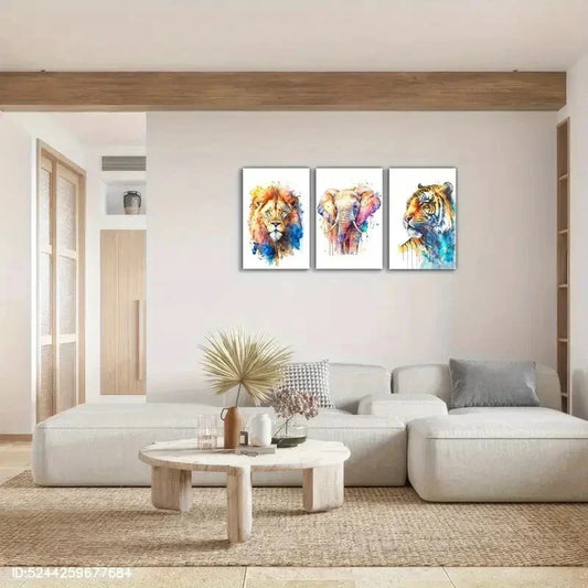 3pcs Tiger Elephant Lion Colorful Animal Metal Print Ready to Hang Art